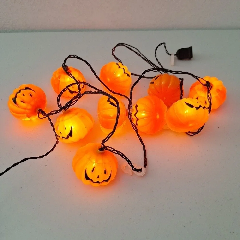Vintage Pumpkin Blow Mold String Lights Jack-o-Lantern 10 Light Work